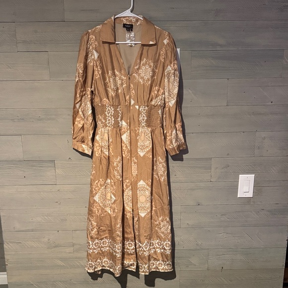 Gigio Dresses & Skirts - C. Luce Tan Printed Long Sleeve Midi Dress